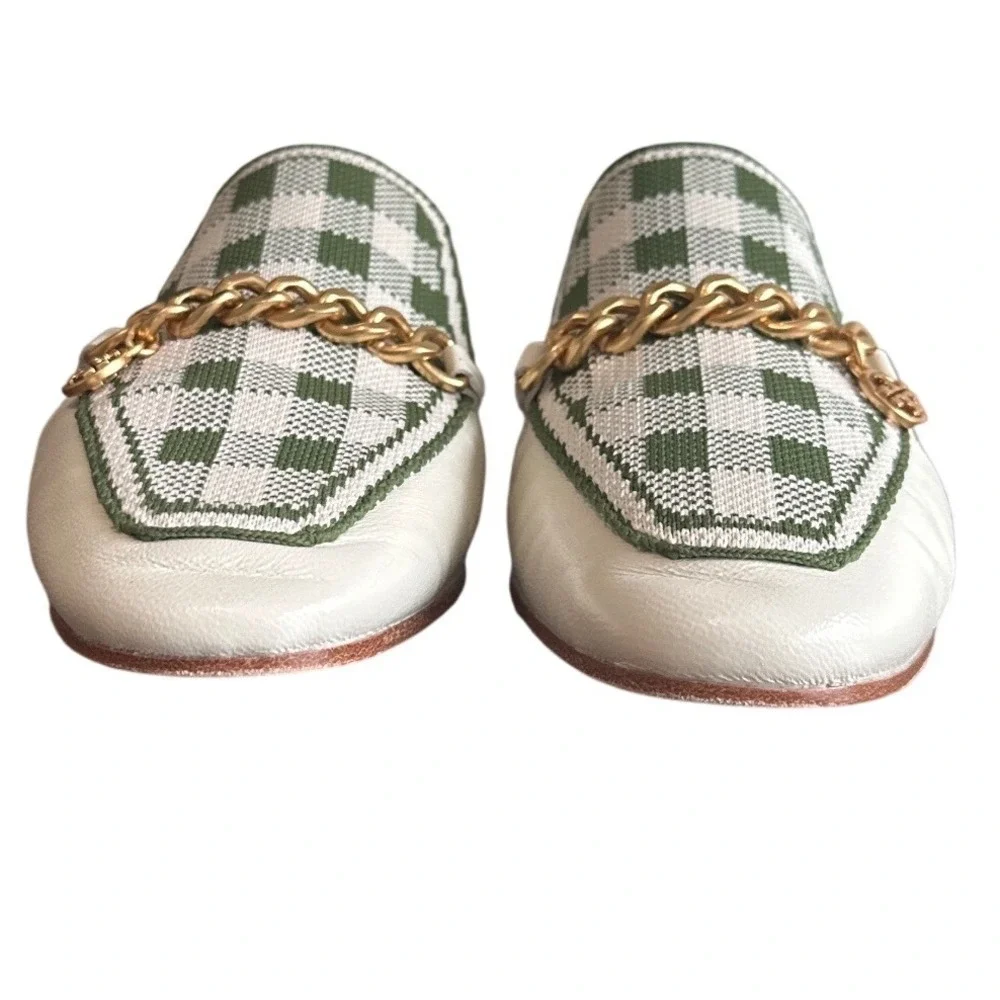 Tory Burch Mini Benton Gingham Chain Charm Loafers Ivory Green Size 8